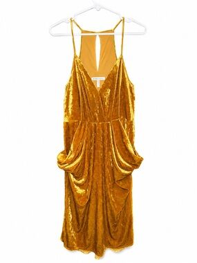 BCBGeneration Mustard Gold Velvet Draped Midi Dress